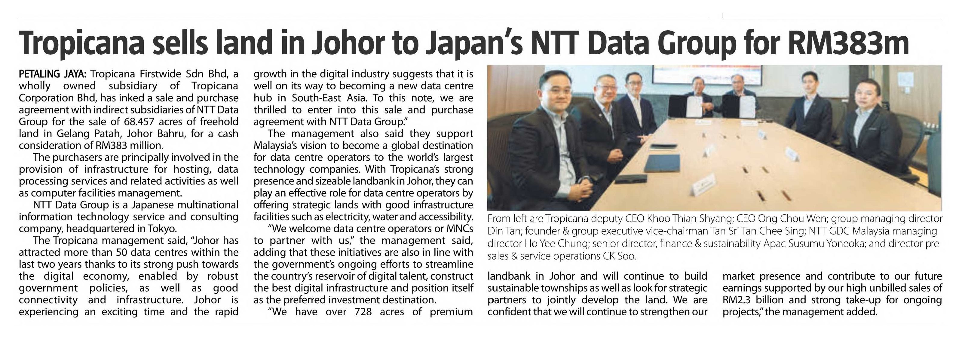 2024-08-28 The Sun - Tropicana Sells Land in Johor to Japan's NTT Data Group for RM383M