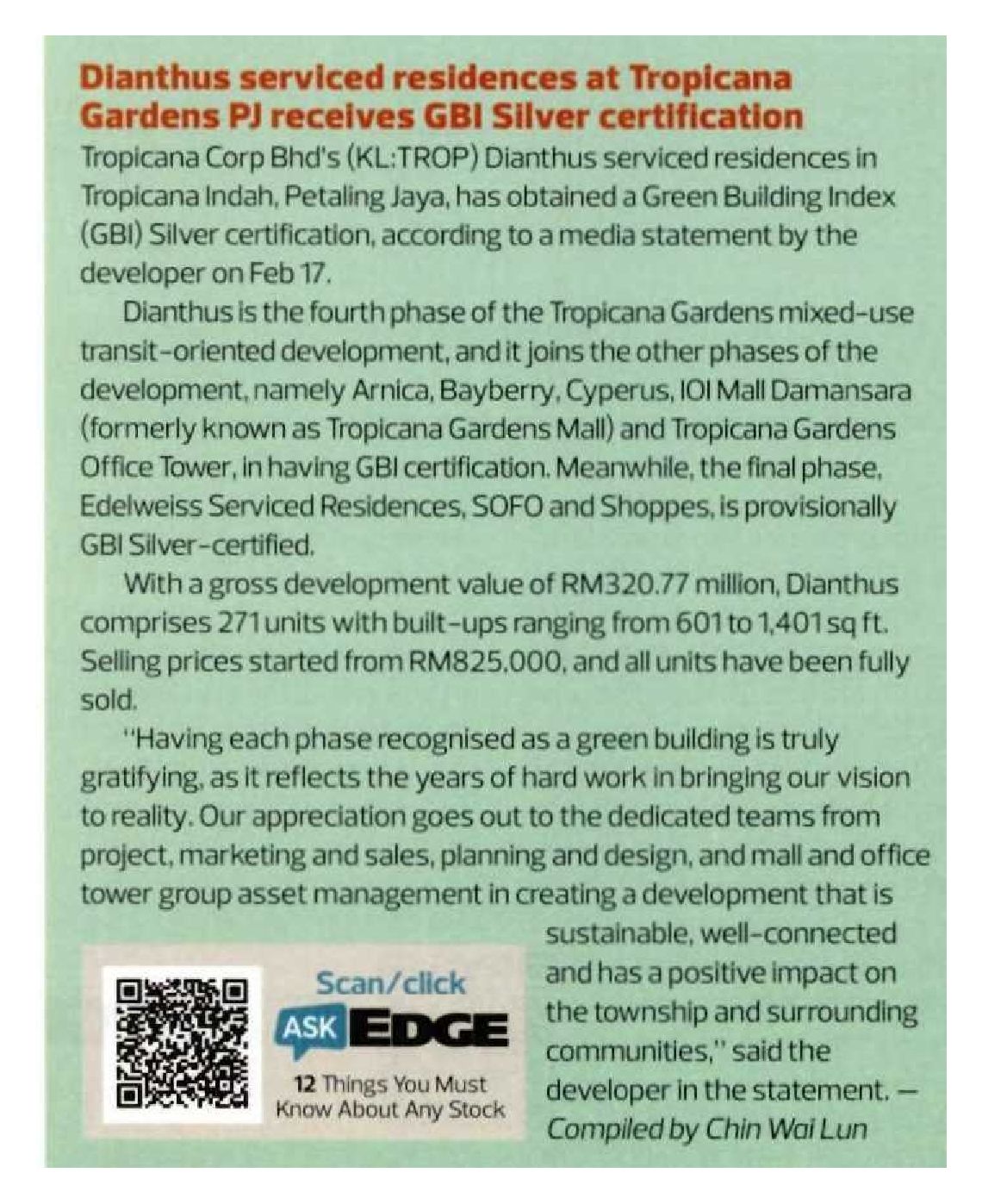 2025-02-24 The Edge - Dianthus Serviced Residences at Tropicana Gardens PJ receives GBI Silver Certification