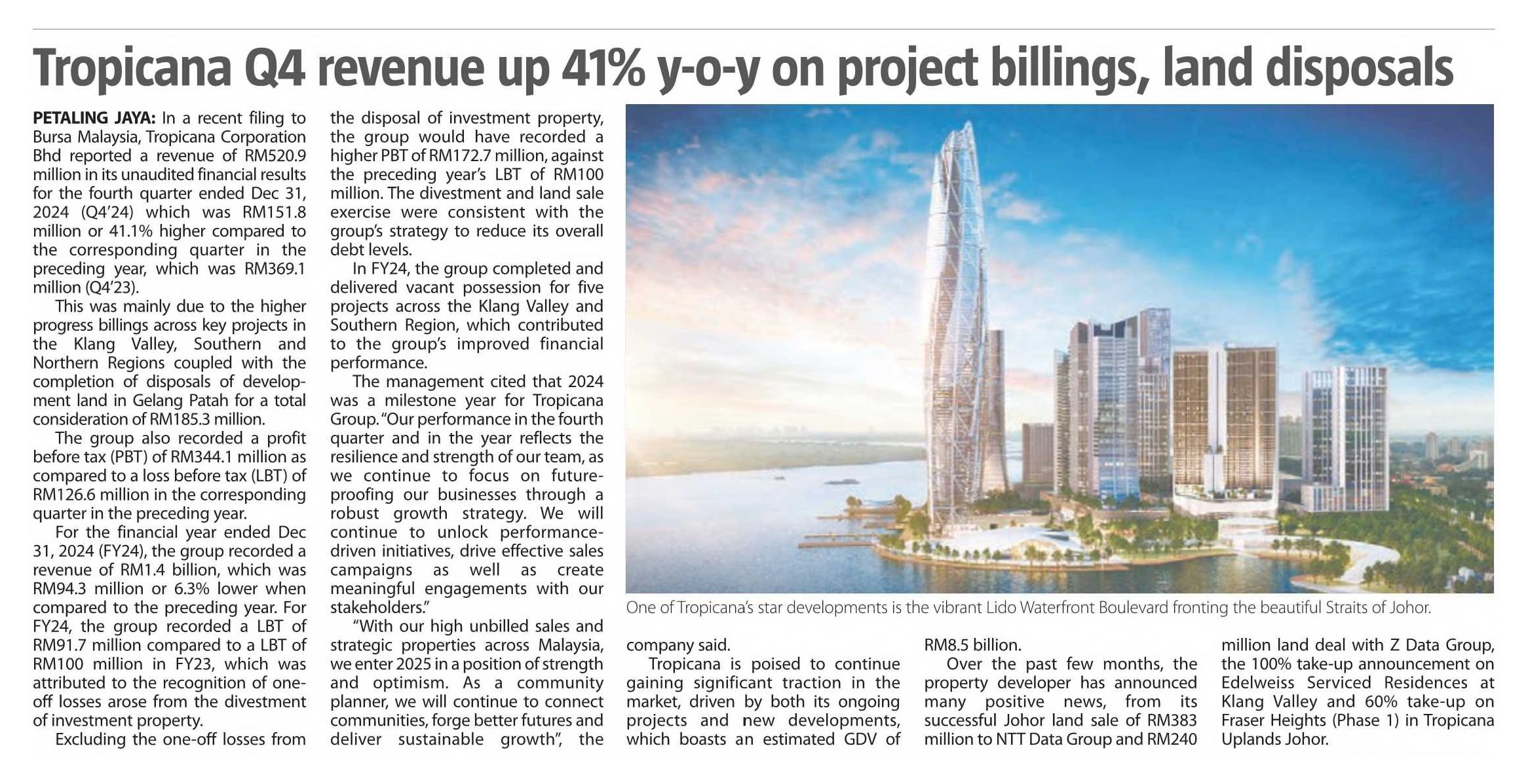 2025-04-30 The Sun - Tropicana Q4 revenue up 41%y-o-y on project billings, land disposals