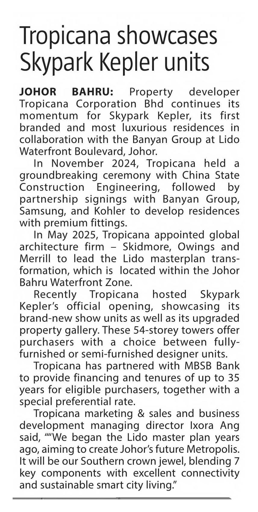 2025-07-31 The Sun - Tropicana showcases Skypark Kepler units