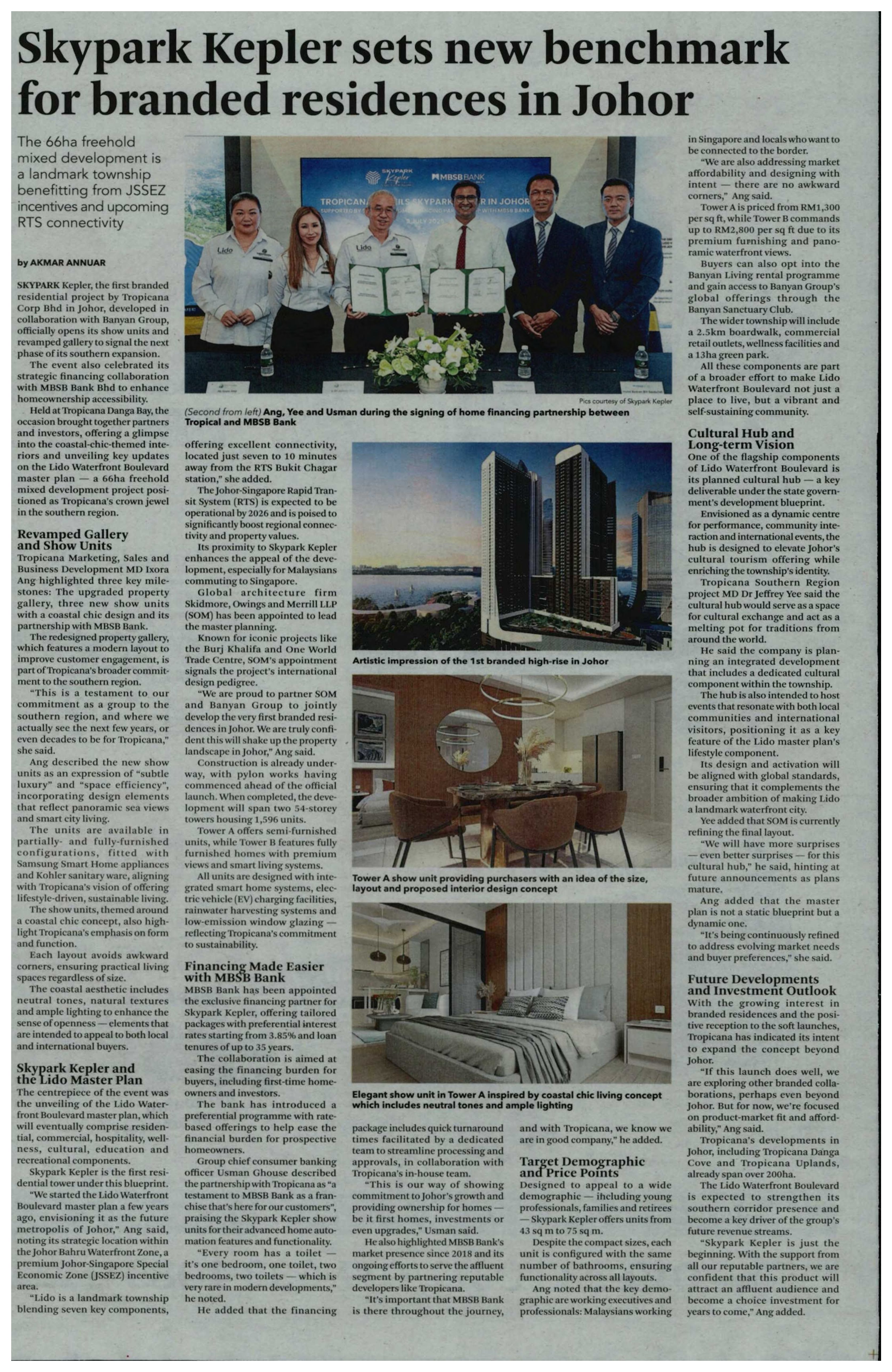 2025-07-14 The Malaysian Reserve - Skypark Kepler sets new benchmark for branded residences in Johor