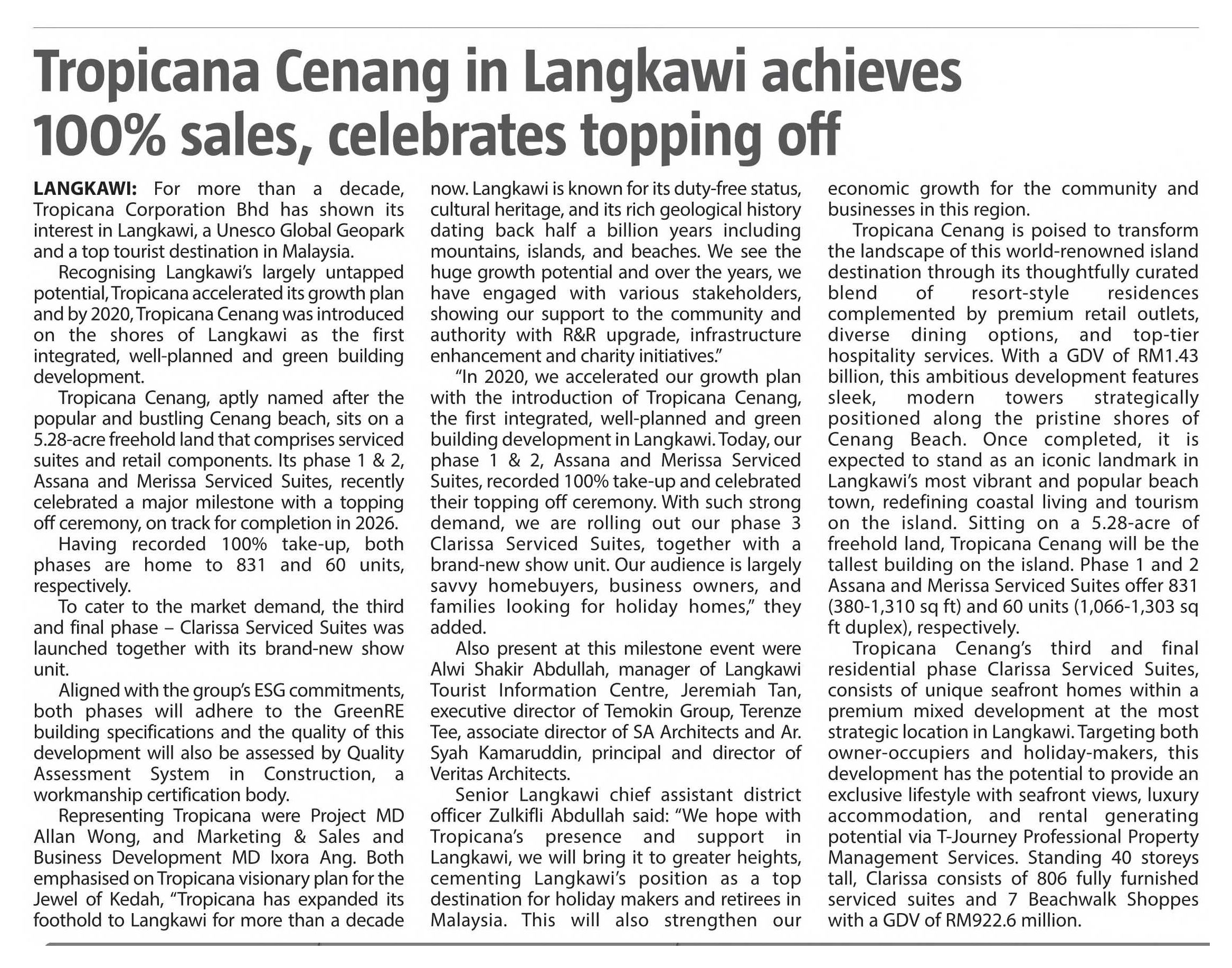2025-07-08 The Sun - Tropicana Cenang in Langkawi achieves 100% sales, celebrates topping off
