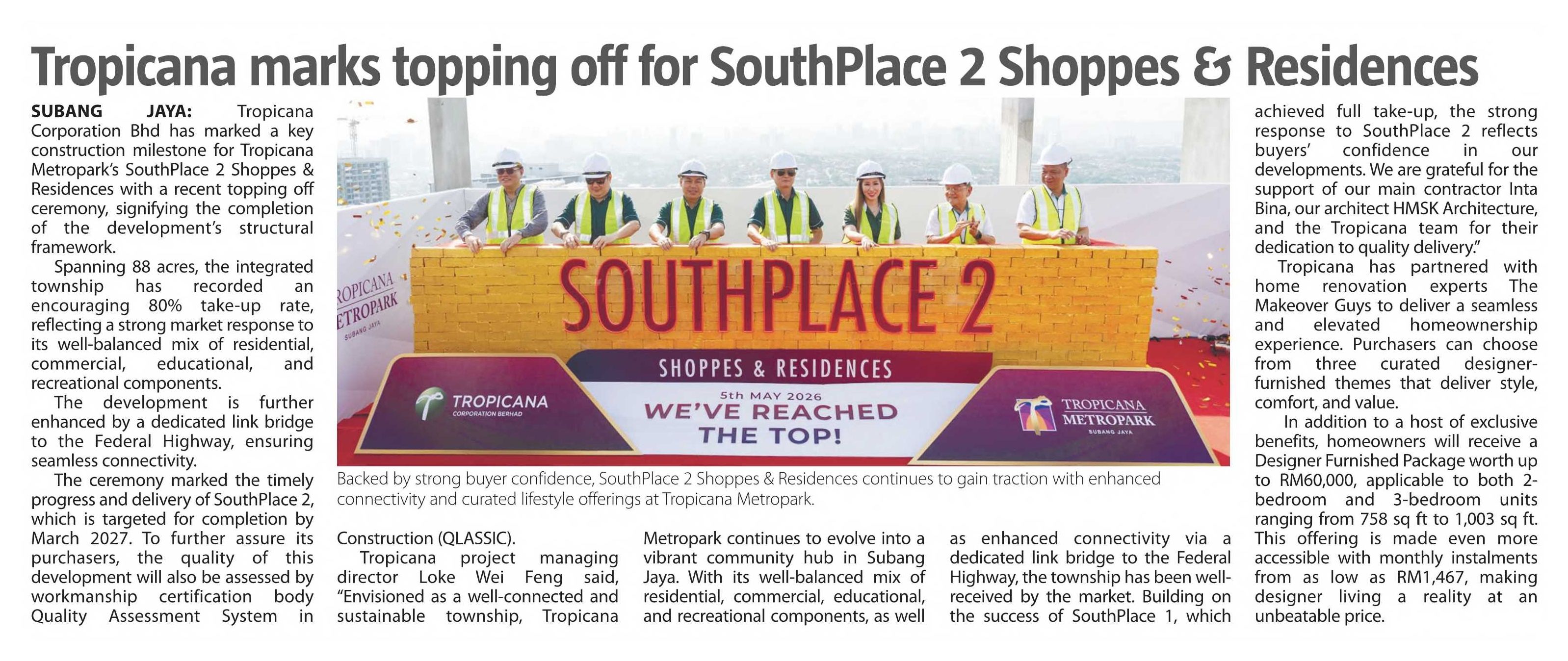 2026-05-21 The Sun - Tropicana marks topping off for SouthPlace 2 Shoppes 8 Residences