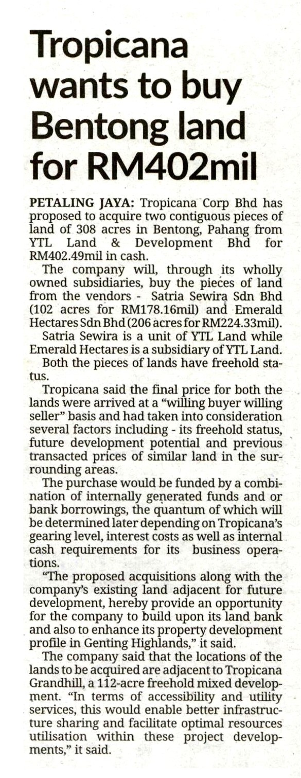 Tropicana to Buy Bentong Land for RM402mil