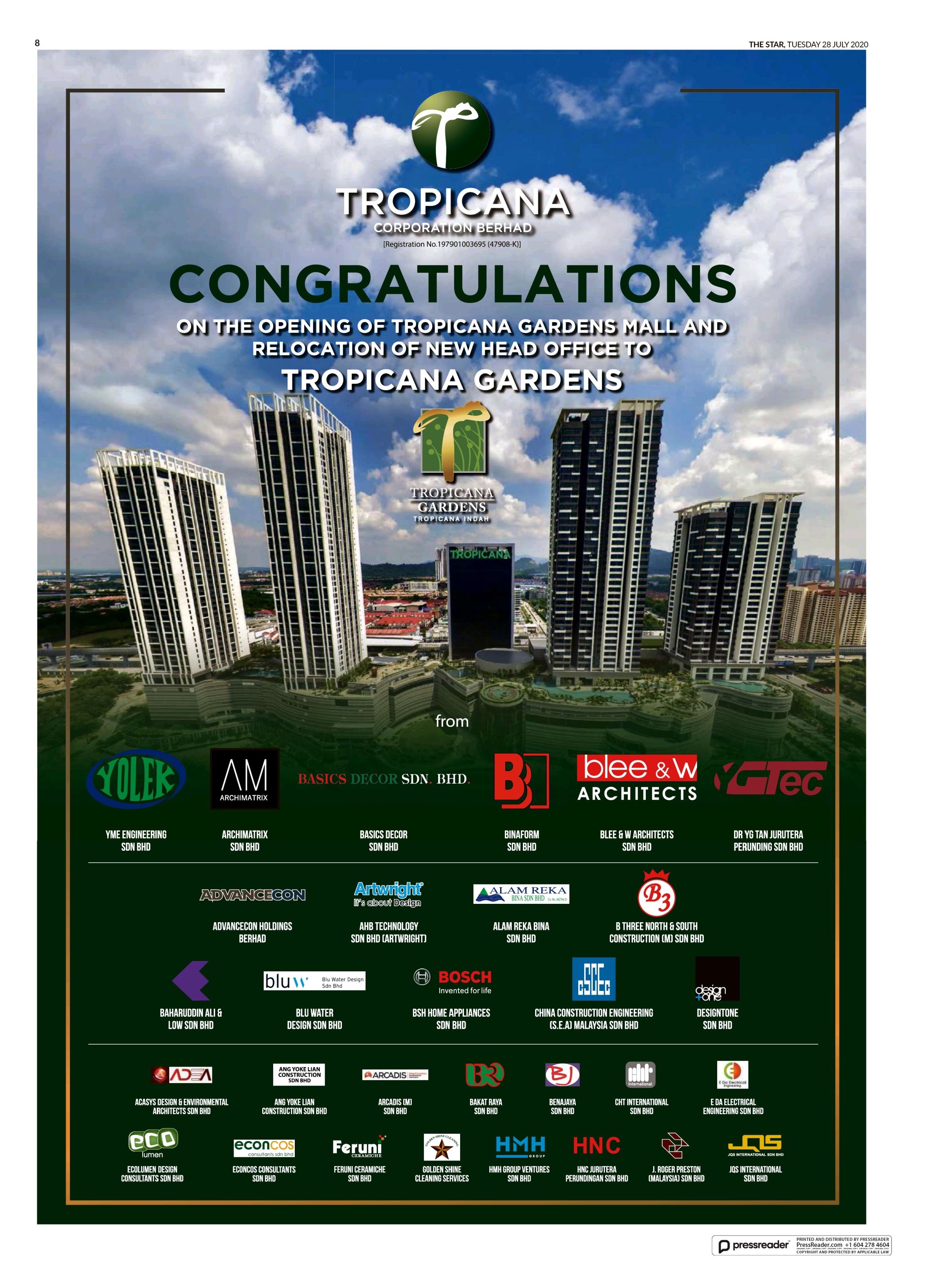 Congratulations on the Opening of Tropicana Gardens Mall and Relocation of New Head Office to Tropicana Gardens