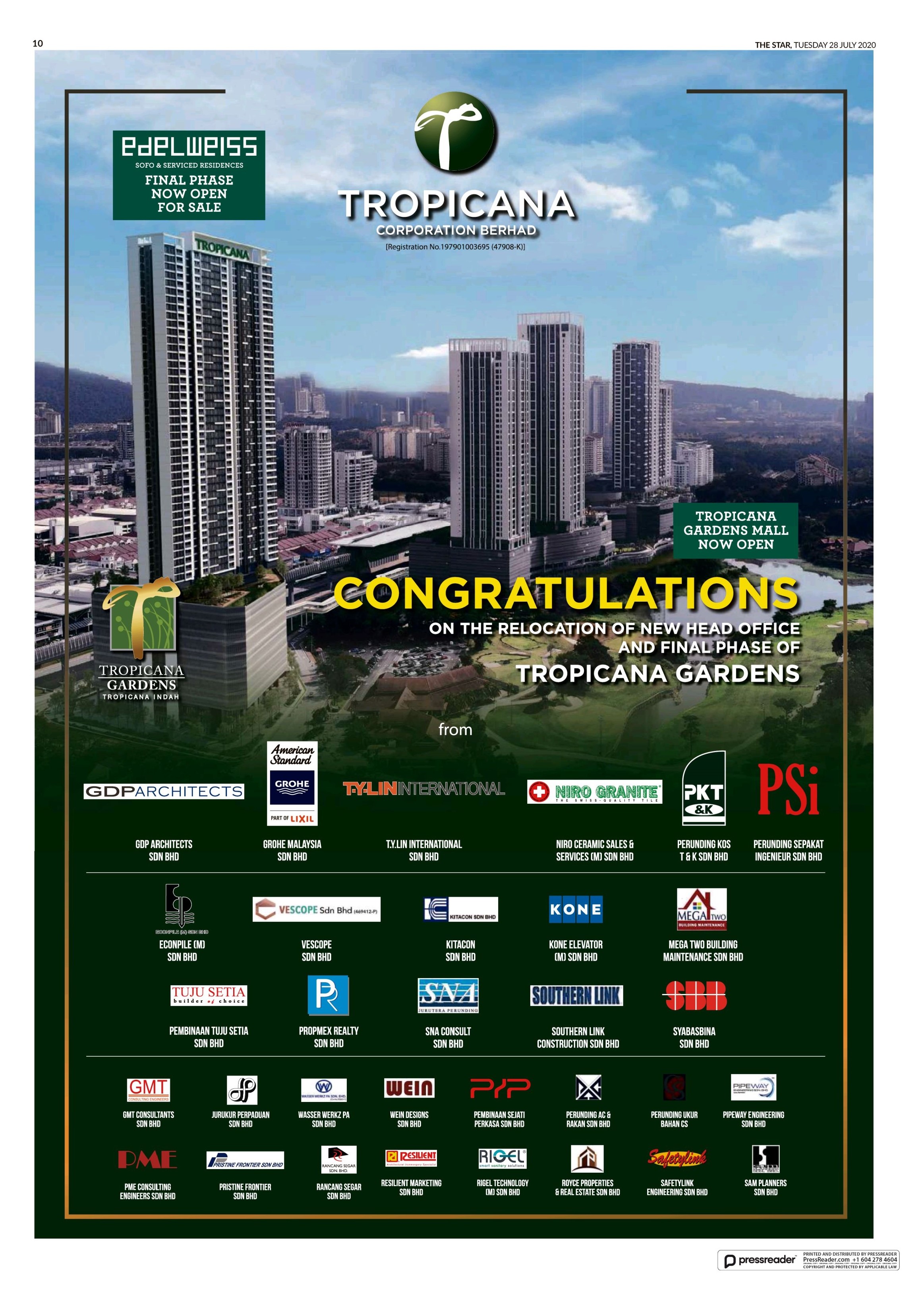 Congratulations on the Relocation of New Head Office and Final Phase of Tropicana Gardens