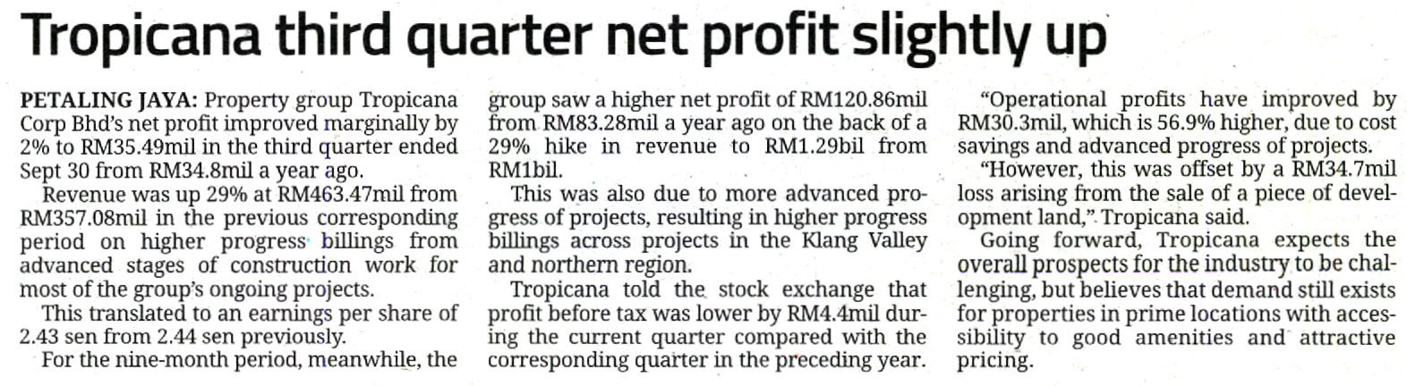 Tropicana third quarter net profit slightly up