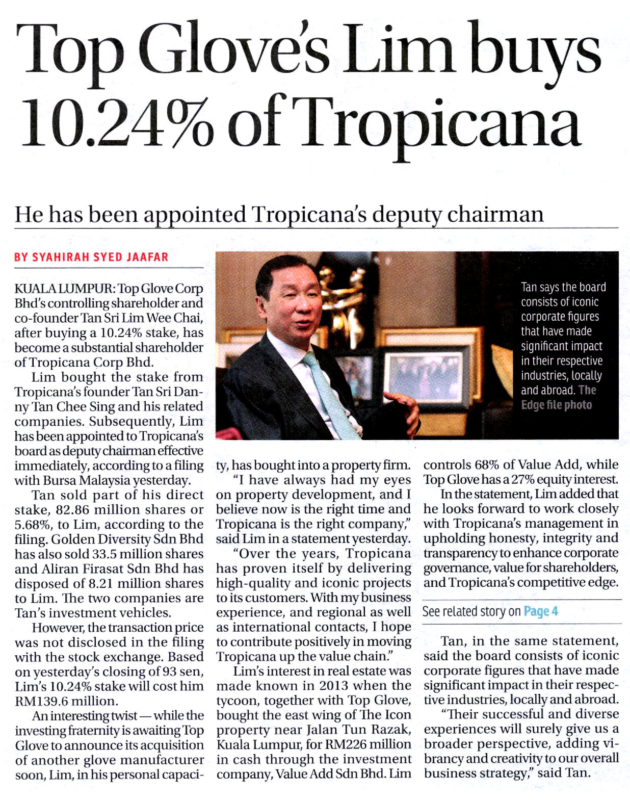 Top Glove's Lim buys 10.24% of Tropicana