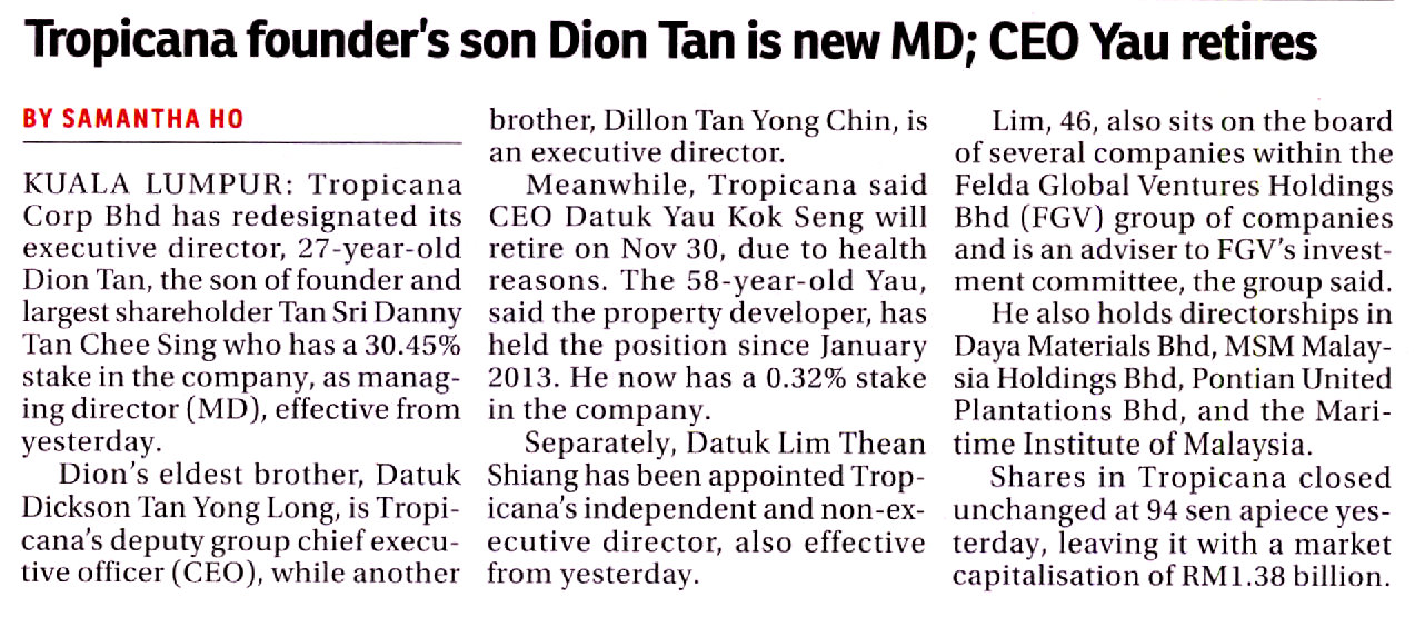 Tropicana founder's son Dion Tan is new MD; CEO Yau retires