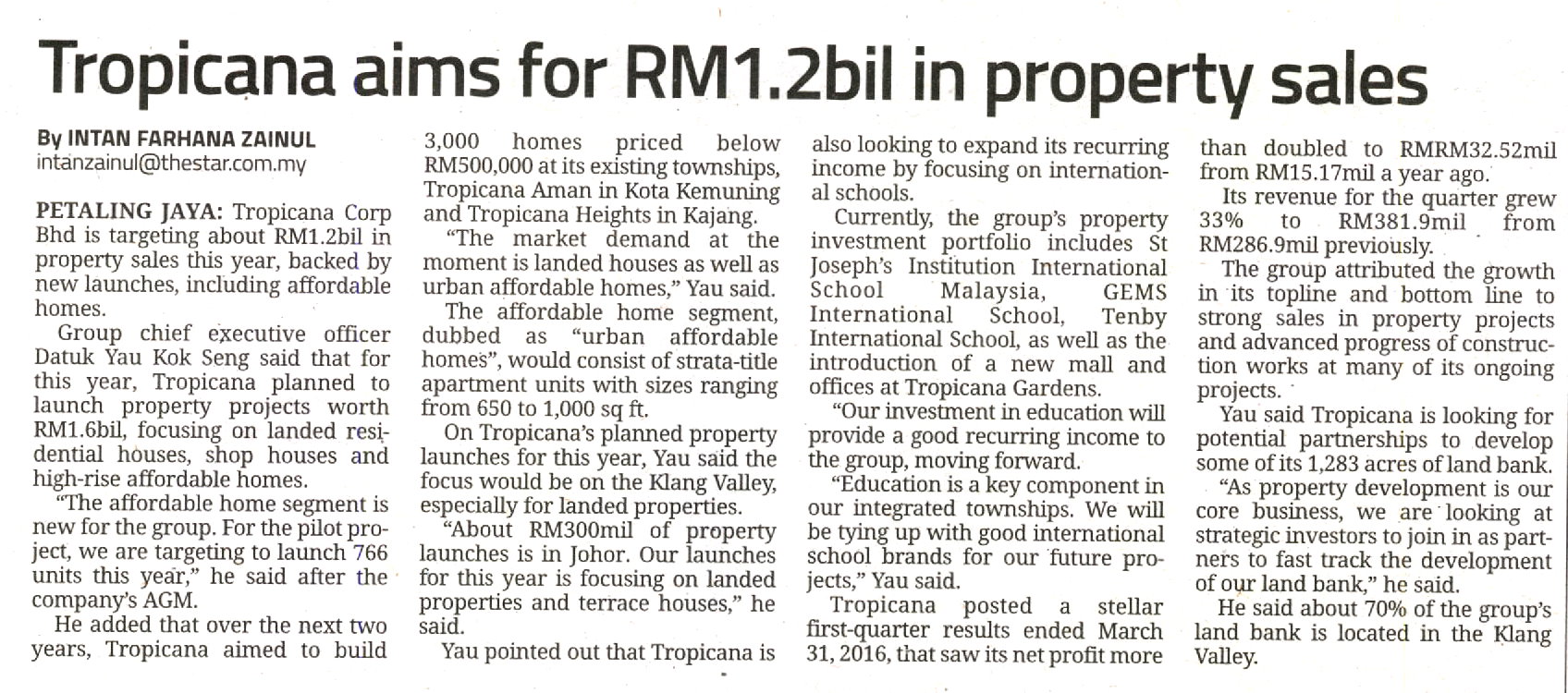 Tropicana aims for RM1.2bil in property sales