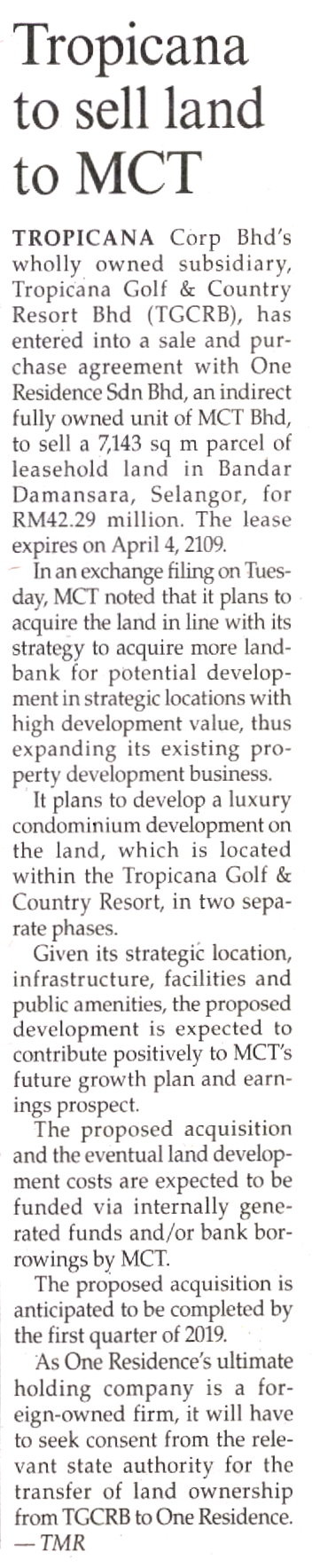 Tropicana to sell land to MCT