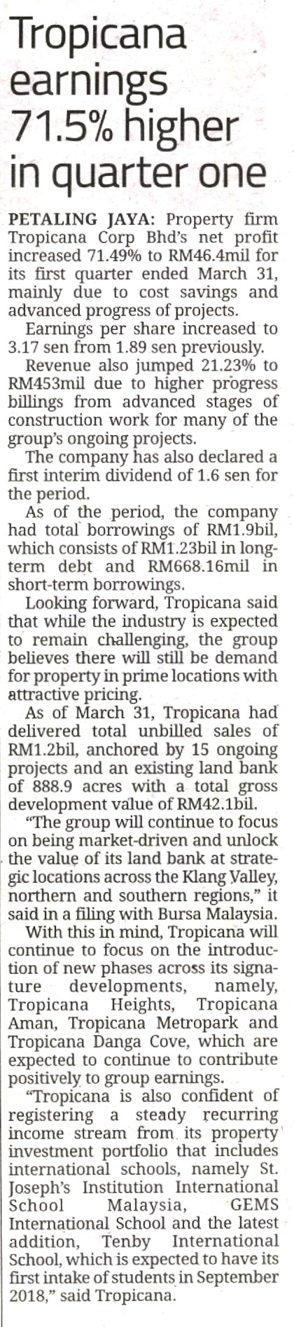 Tropicana earnings 71.5% higher in quarter one