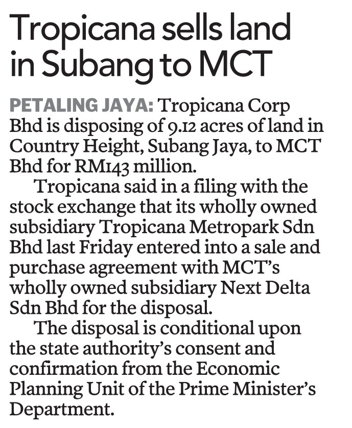 Tropicana sells land in Subang to MCT