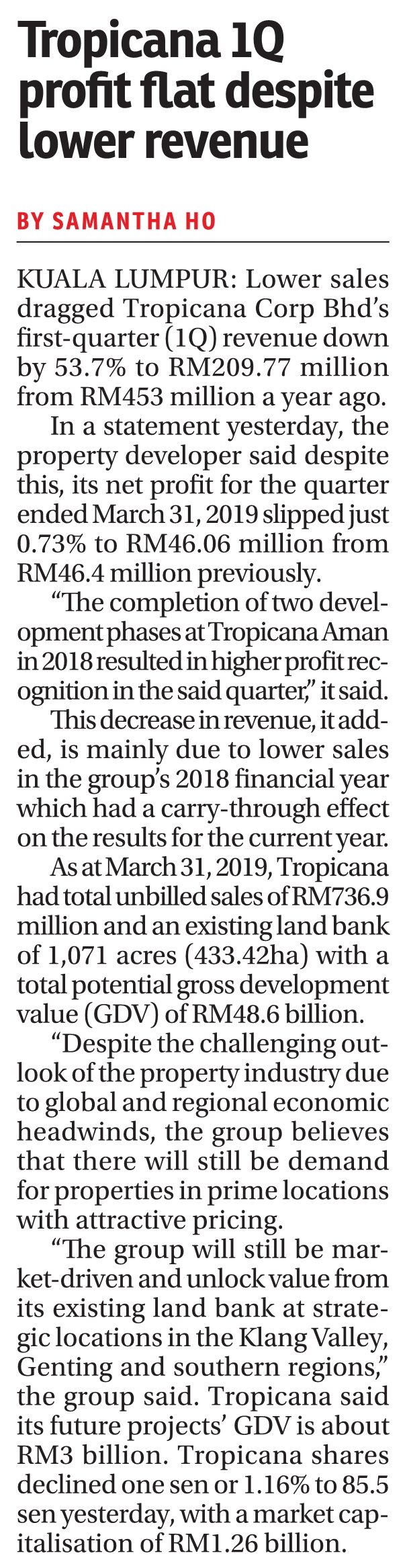 Tropicana 1Q profit flat despite lower revenue