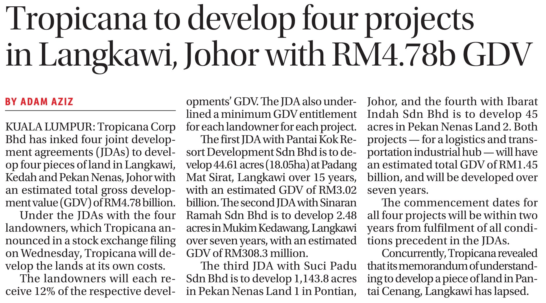 Tropicana to develop four projects in Langkawi Johor with RM4.78b GDV