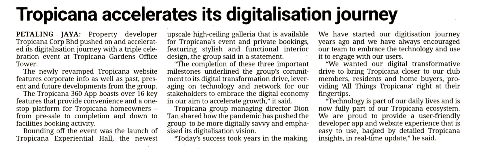 22042021- The Star - Tropicana Accelerates its Digitalisation Journey