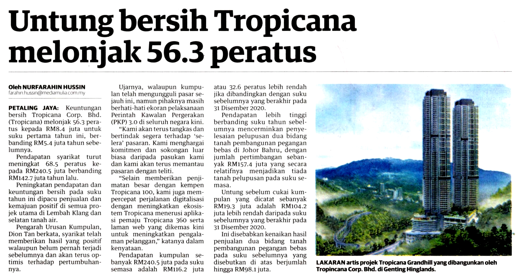 2021-05-21 Utusan Malaysia - Untung Bersih Tropicana Melonjak 56.3 Peratus