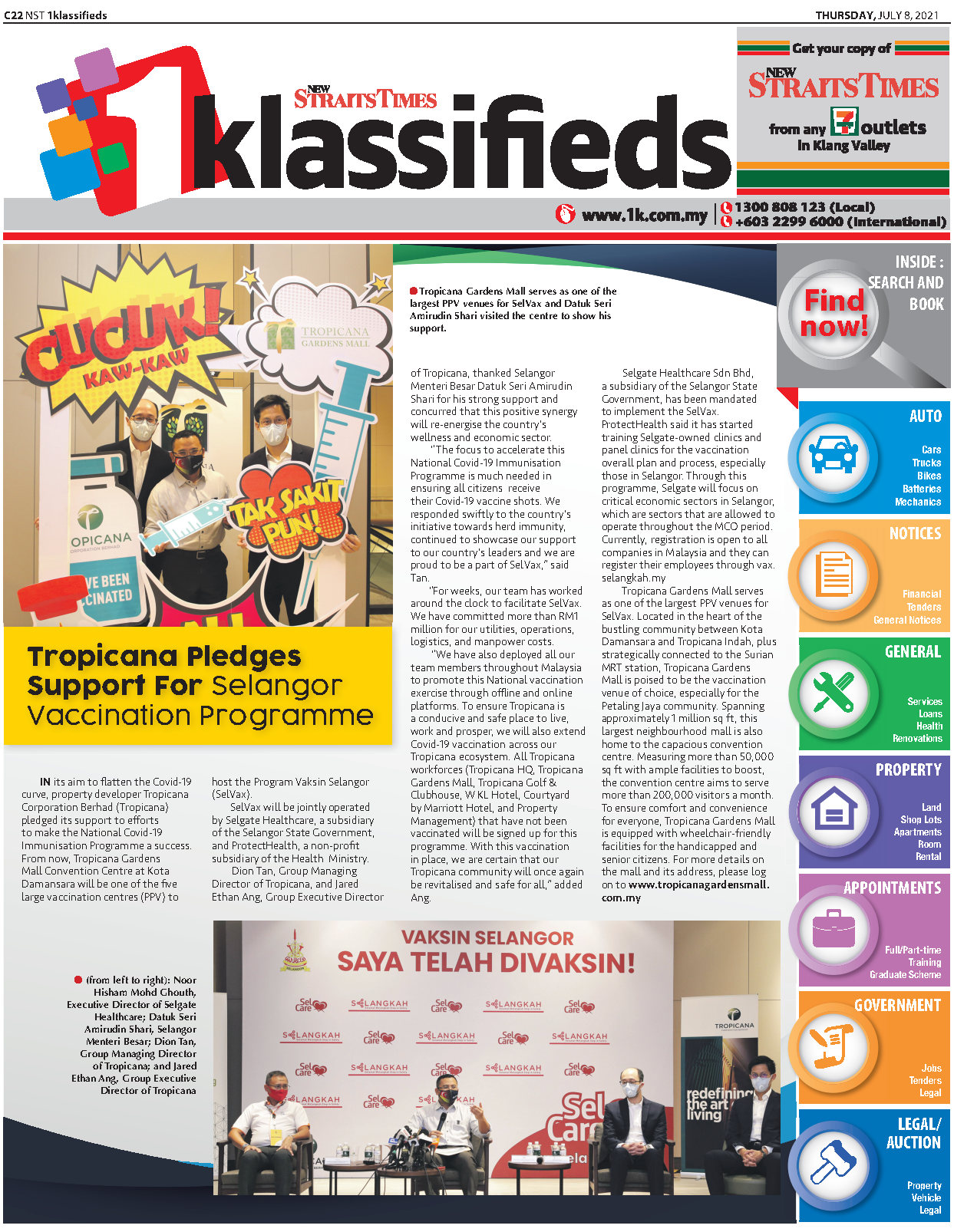 2021-07-08 New Straits Times -  Tropicana Pledges Support For Selangor Vaccination Programme