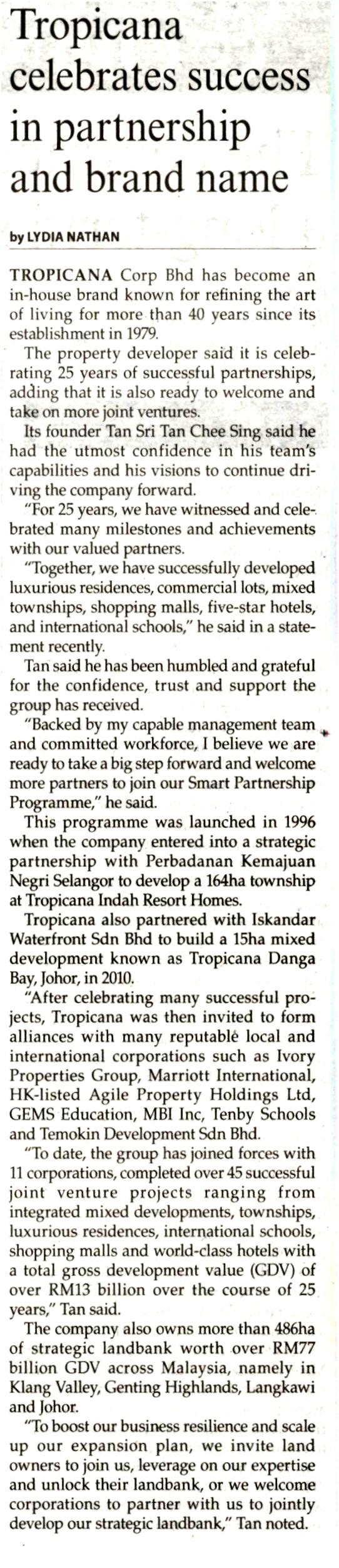 2021-07-28 The Malaysian Reserve - Tropicana Celebrates Success in Partnership and Brand Name