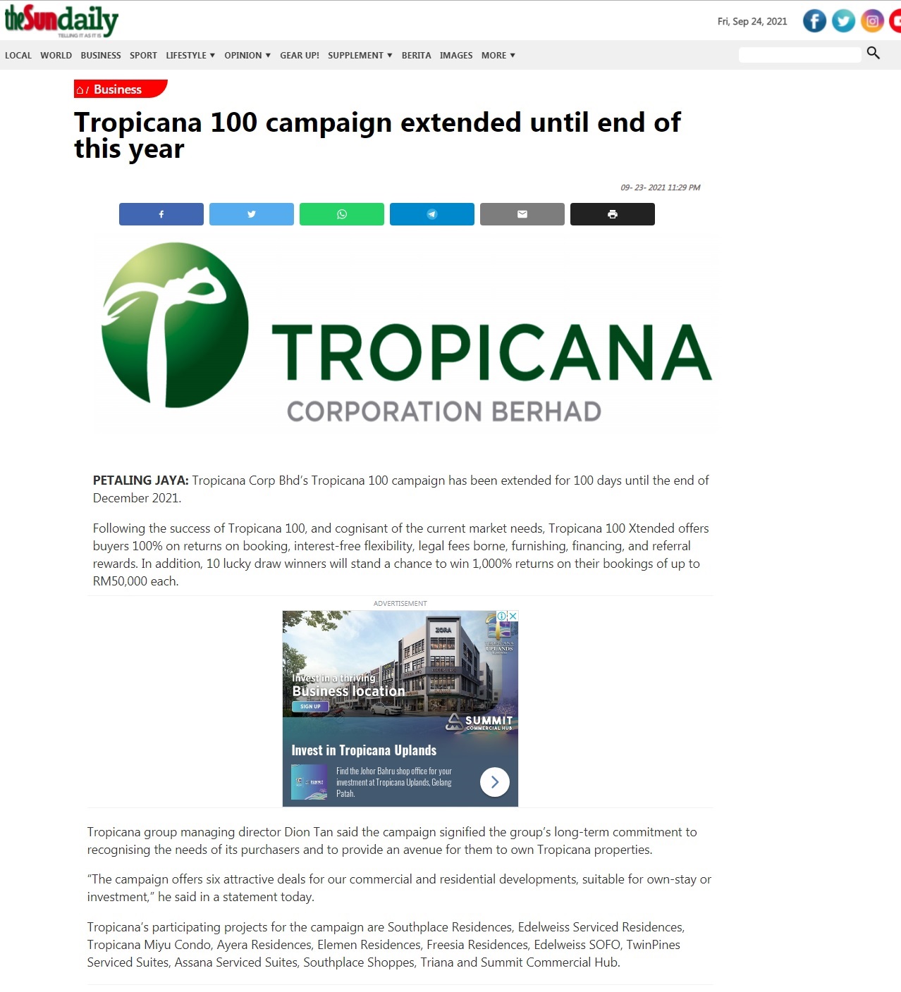 2021-9-24 The Sun - Tropicana 100 Campaign Extended Till Year-end