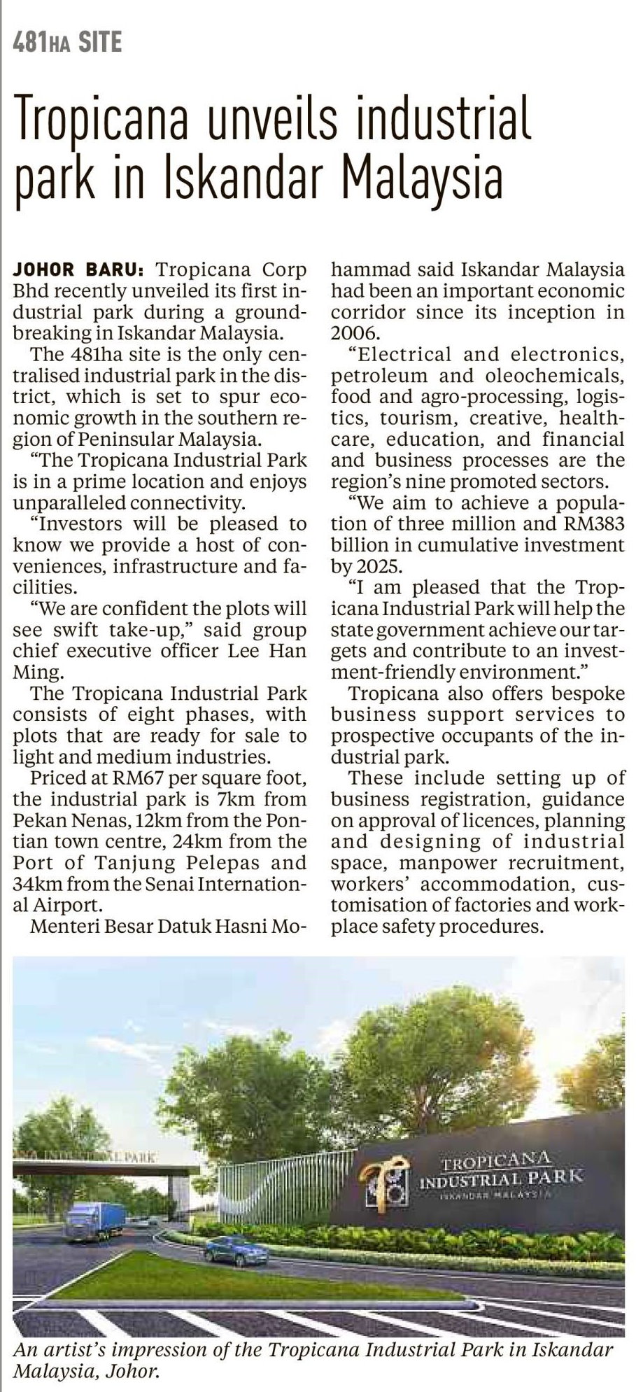 2021-12-21 New Straits Times - Tropicana Unveils Industrial Park in Iskandar Malaysia