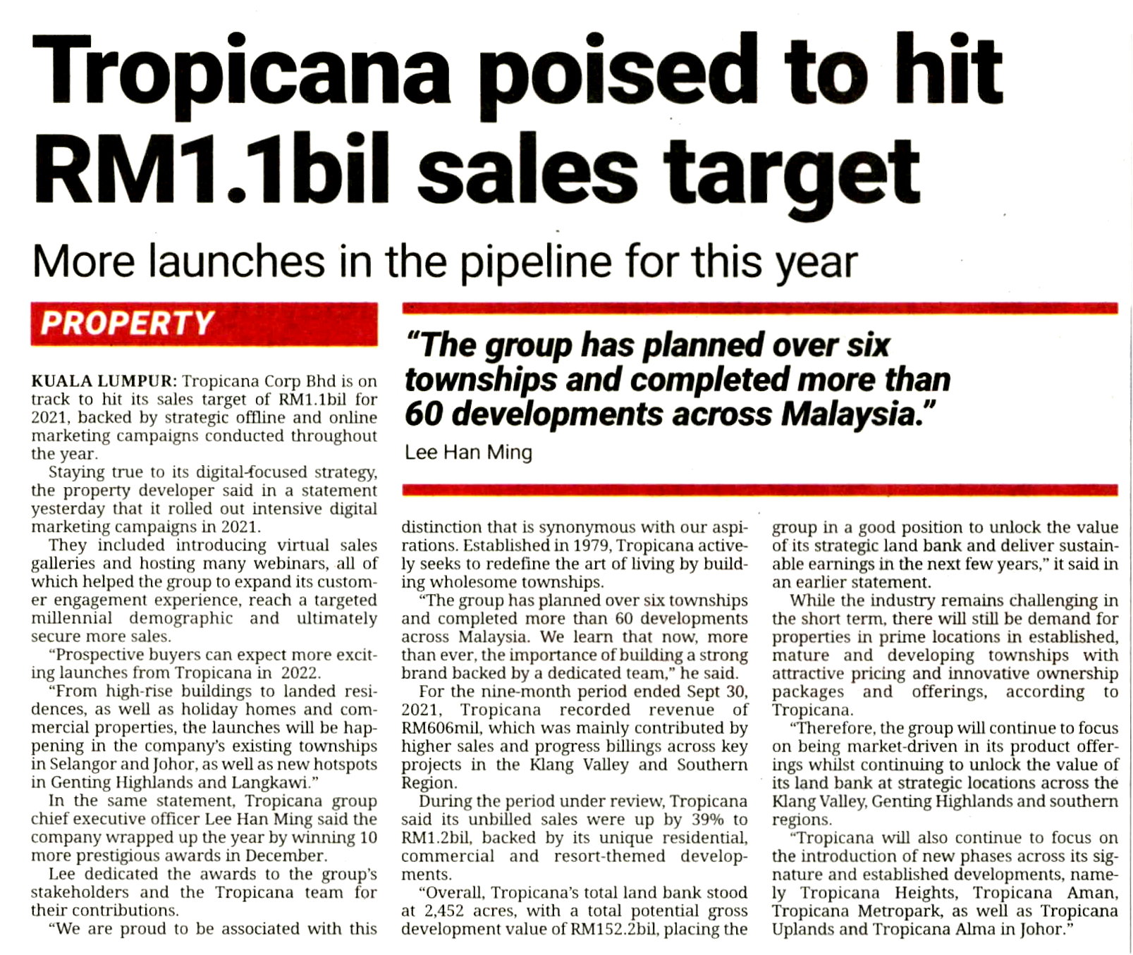 2022-01-06 The Star - Tropicana Poised to hit RM1.1bil Sales Target