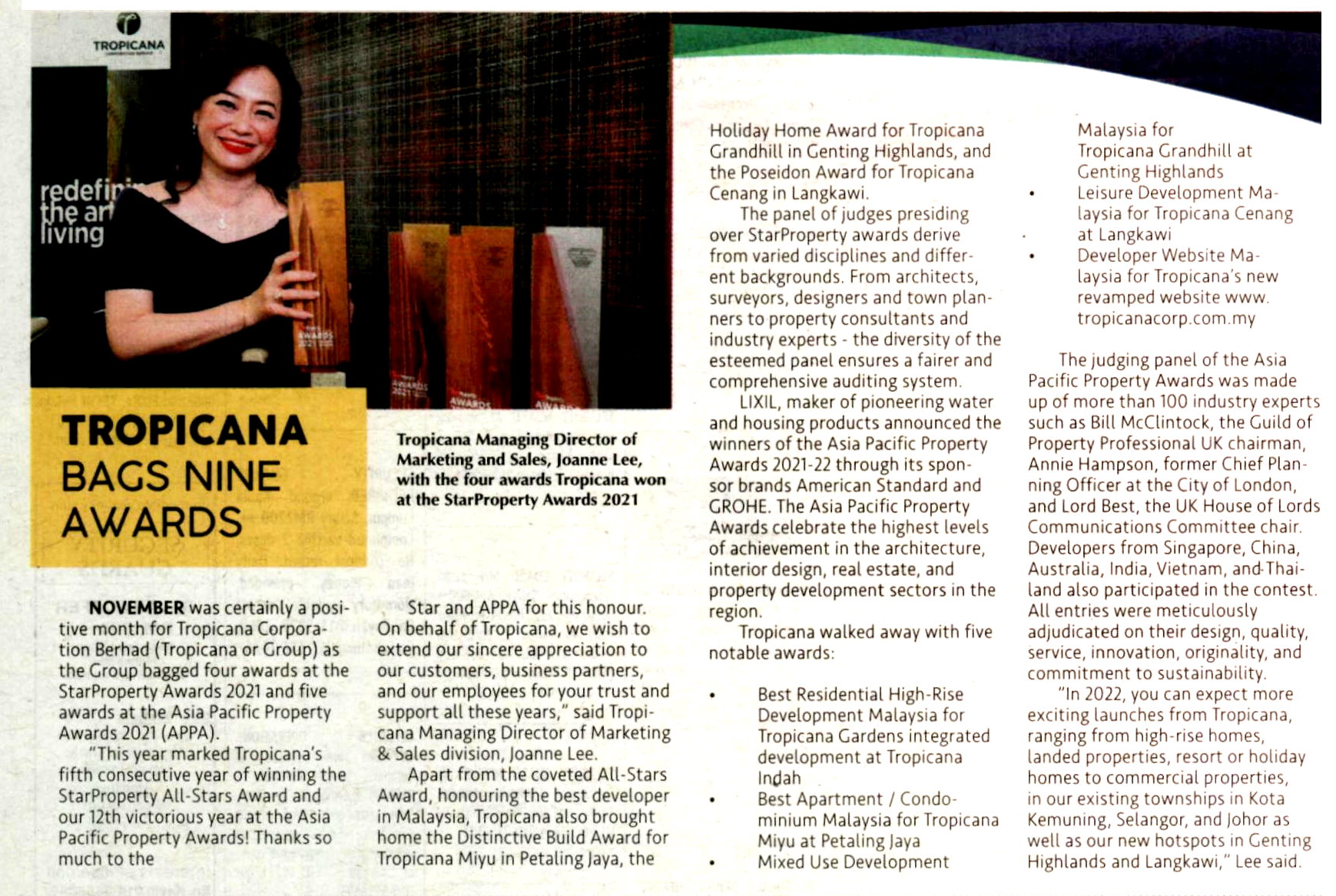 2022-01-03 New Straits Times - Tropicana Bags Nine Awards