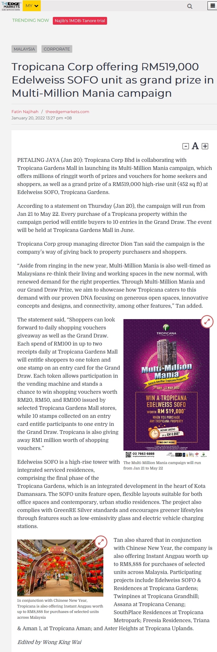 2022-01-20 The Edge Markets- Tropicana Corp Offering RM519,000 Edelweiss SOFO Unit as Grand Prize in Multi-Million Mania Campaign