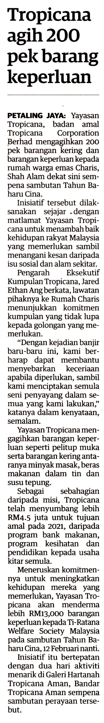 2022-01-02 Utusan Malaysia - Tropicana Agih 200 pek Barang Keperluan