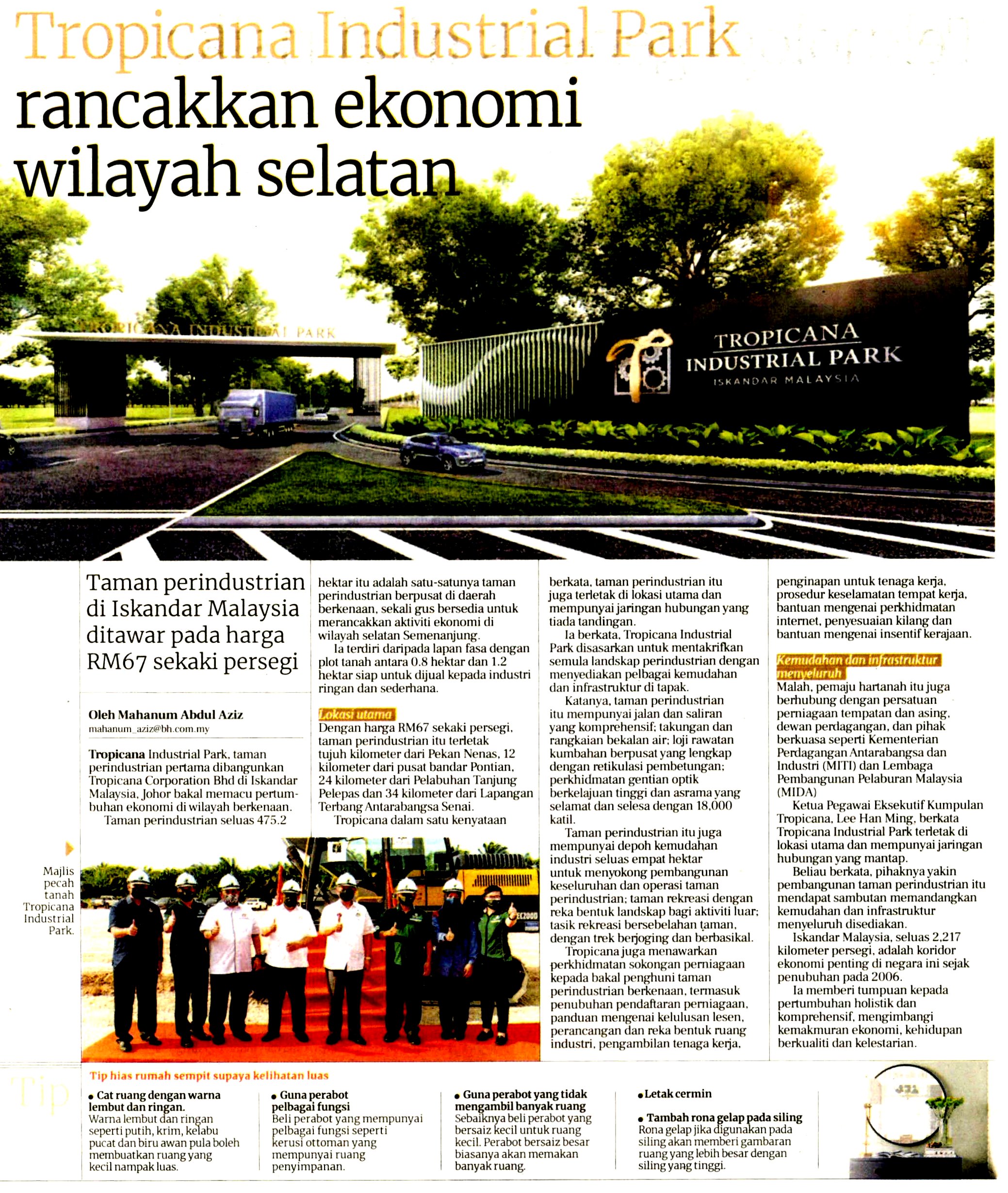 2022-02-05 Berita Harian - Tropicana Industrial Park Rancakkan Ekonomi Wilayah Selatan