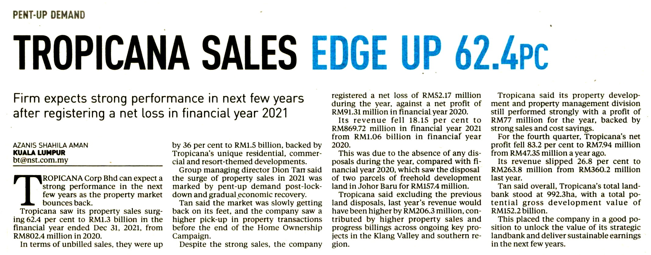 2022-02-28 New Straits Times - Tropicana Sales Edge Up 62.4 Percent