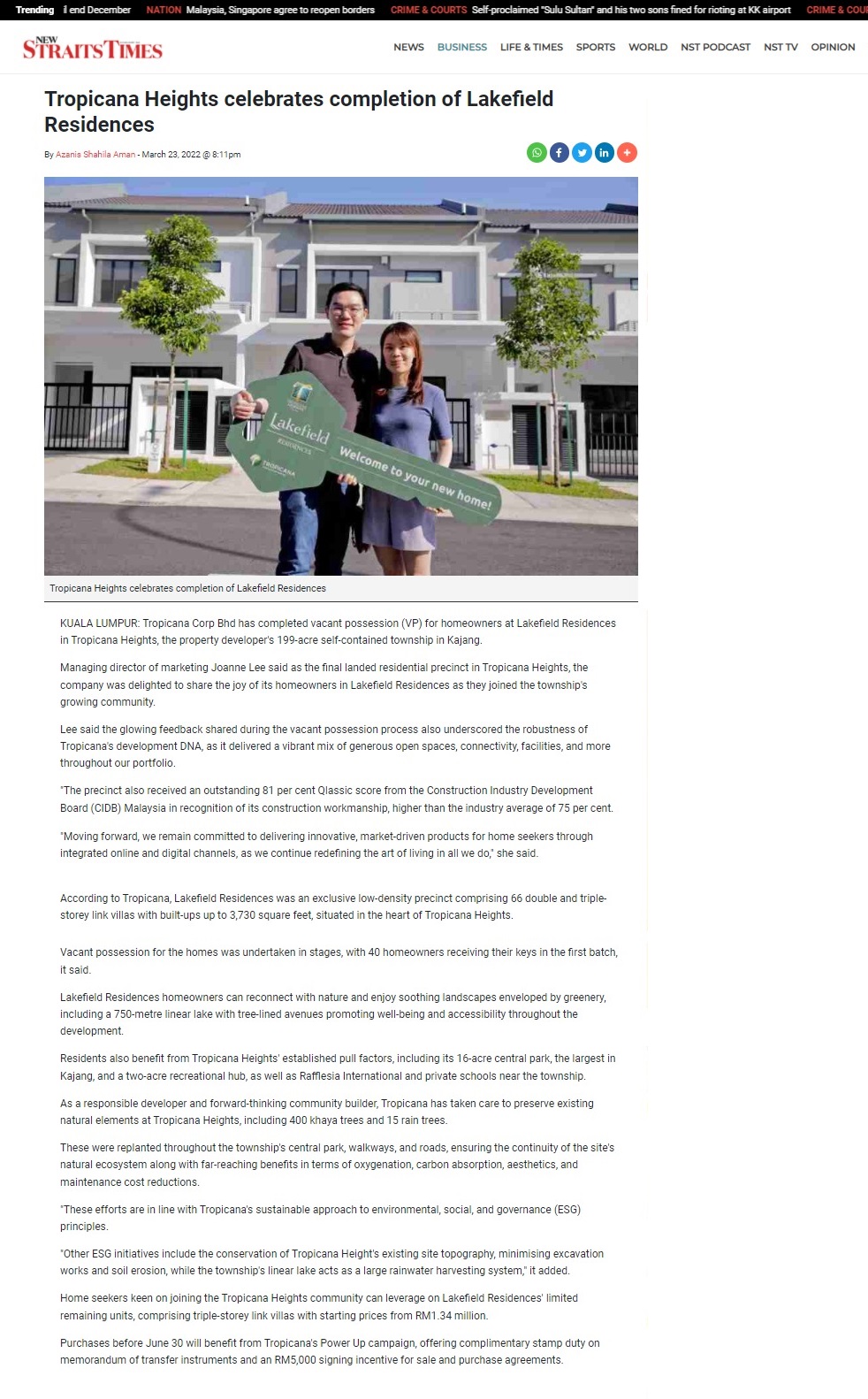 2022-03-24 New Straits Times - Tropicana Heights Celebrates Completion of Lakefield Residences