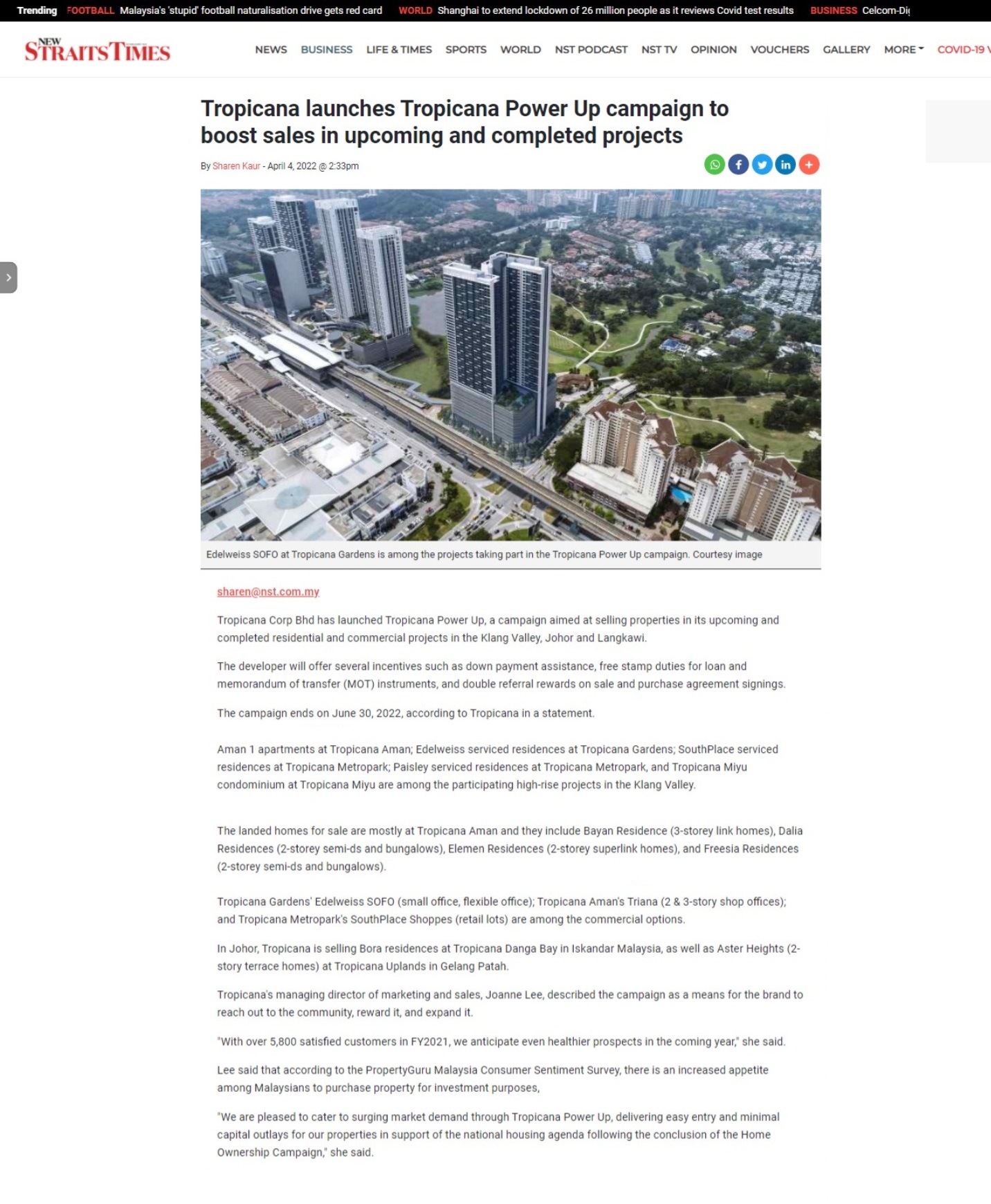 2022-04-04 New Straits Times - Tropicana Launches Power Up Campaign to Boost Sales in Upcoming and Completed Projects