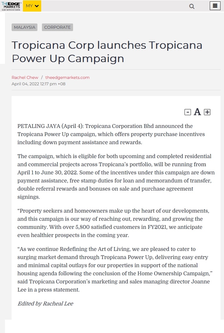 2022-04-04 The Edge - Tropicana Corp Launches Tropicana Power Up Campaign