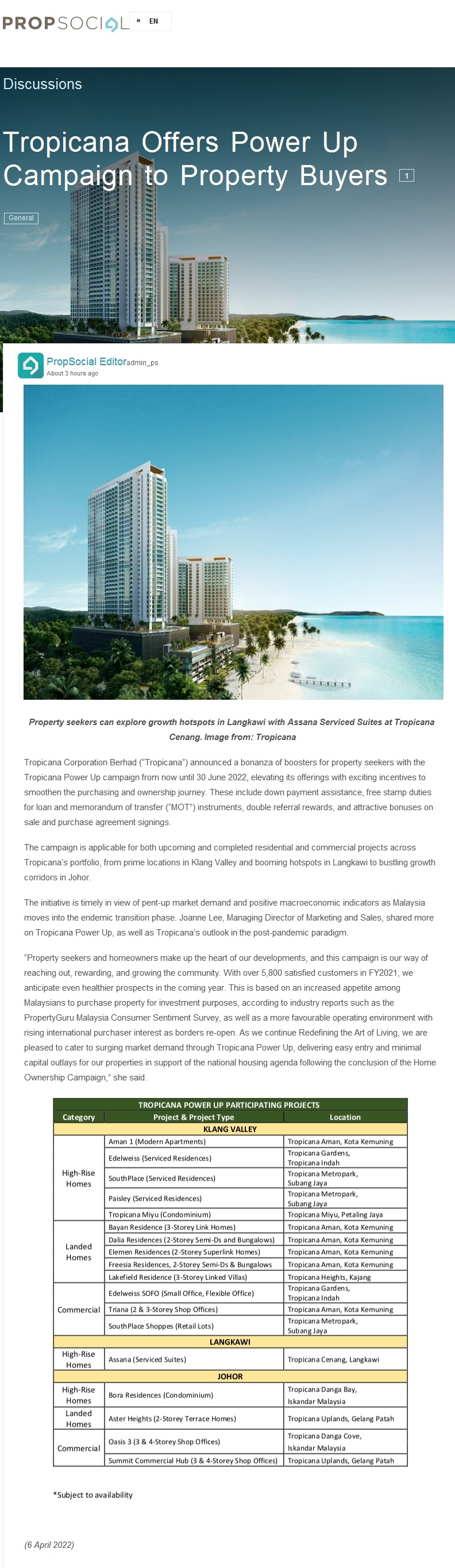 2022-04-07 PropSocial - Tropicana Offers Power Up Campaign to Property Buyers