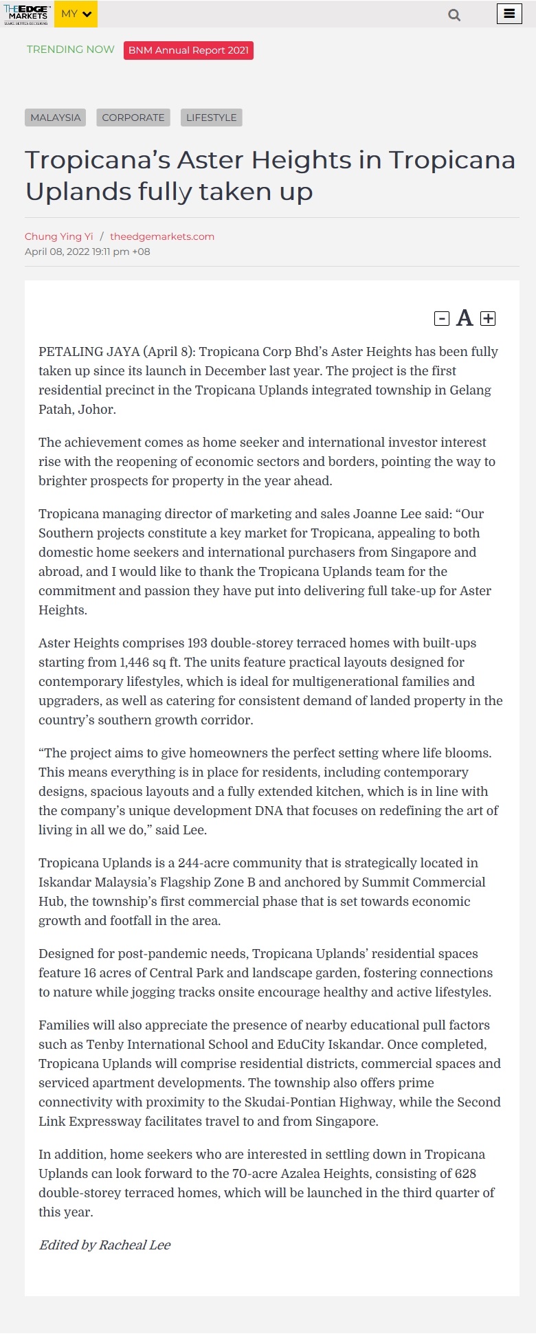 2022-04-08 The Edge Markets - Tropicana’s Aster Heights in Tropicana Uplands Fully Taken Up