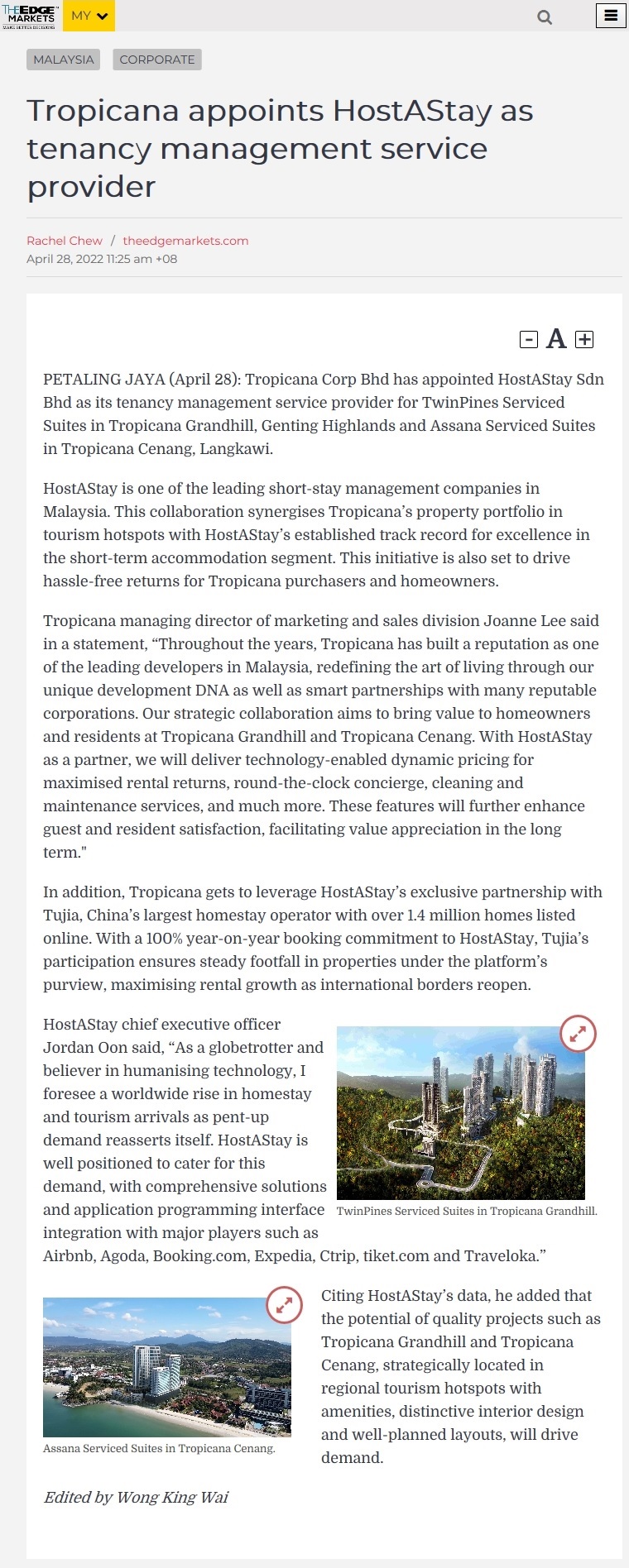 2022-04-28 The Edge Markets - Tropicana Appoints HostAStay as Tenancy Management Service Provider