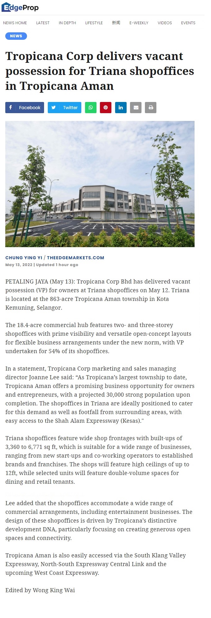 2022-05-13 The EdgeProp - Tropicana Corp Delivers Vacant Possession for Triana Shopoffices in Tropicana Aman