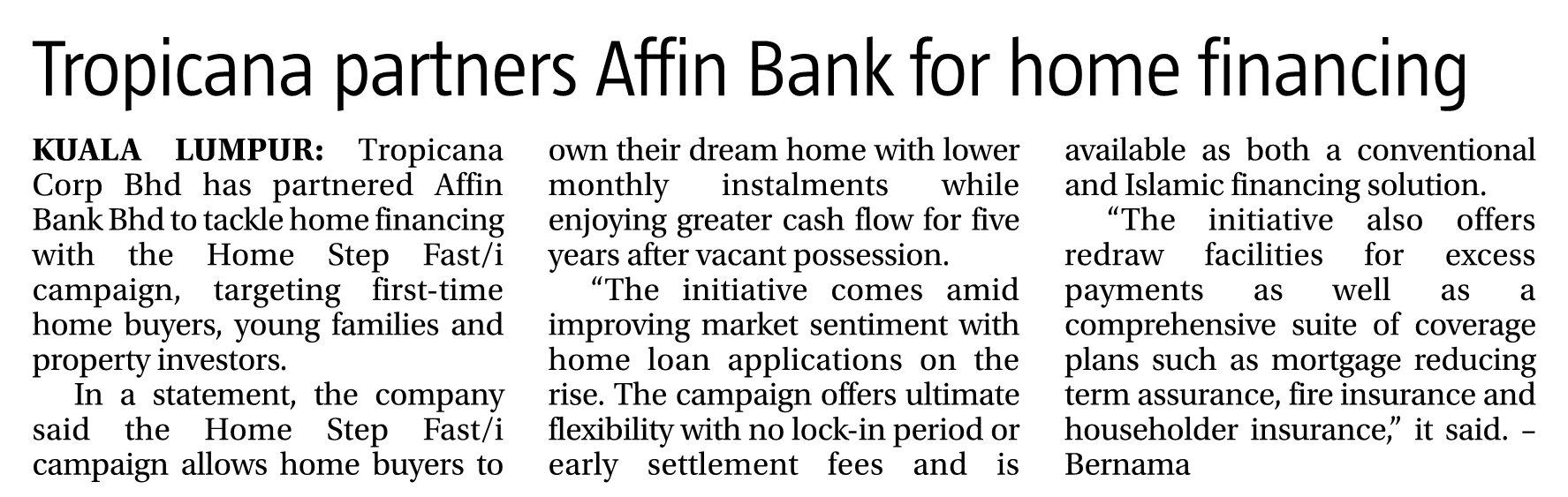 2022-06-30 The Sun - Tropicana Partners Affin Bank for Home Financing