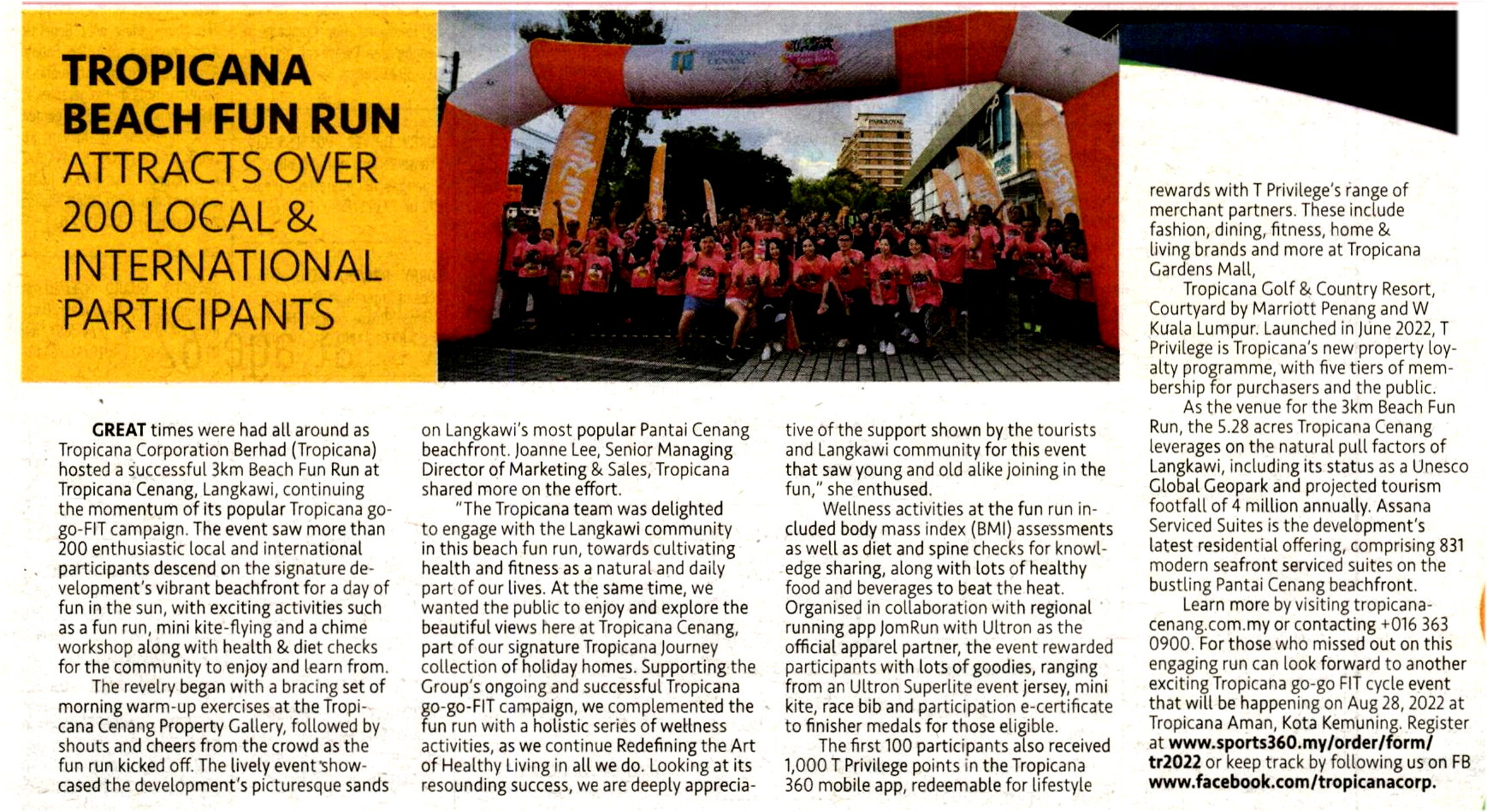 2022-08-15 New Straits Times - Tropicana Beach Fun Run Attracts Over 200 Local & international Participants