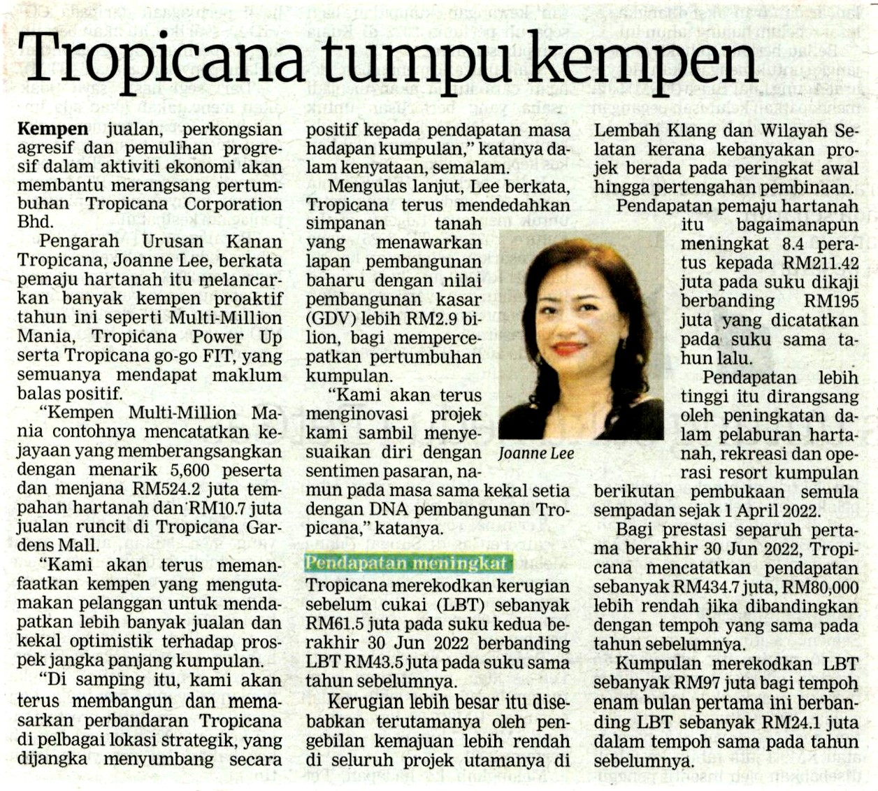 2022-08-27 Berita Harian - Tropicana Tumpu Kempen