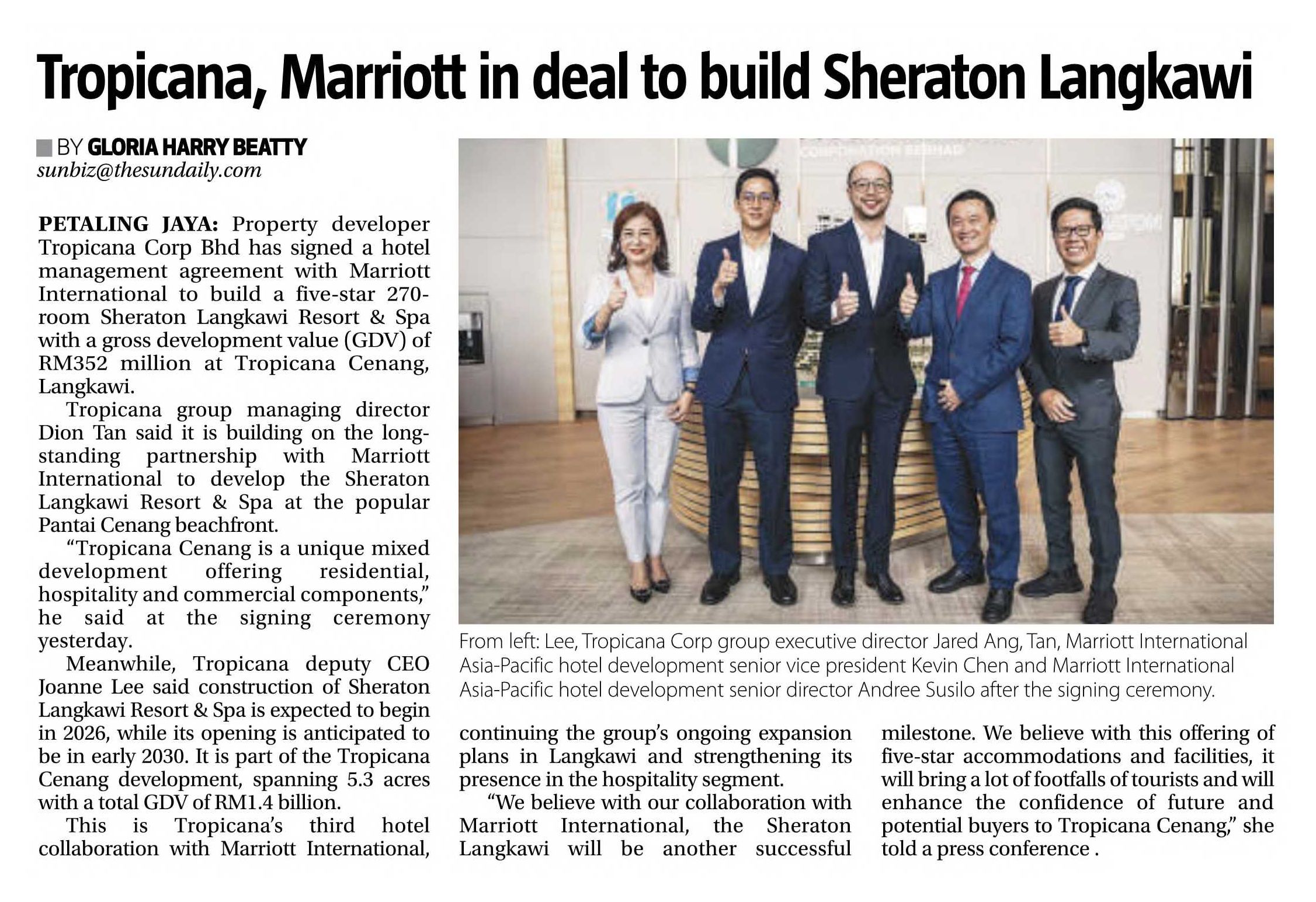 2022-10-07 The Sun - Tropicana, Marriott in Deal to Build Sheraton Langkawi