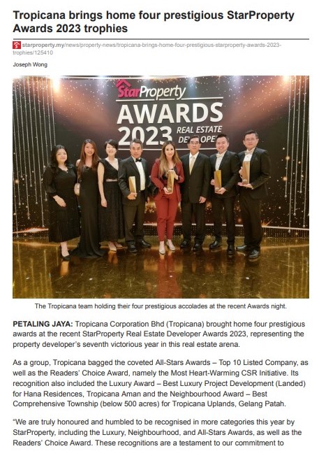 2023-05-29 StarProperty - Tropicana Brings Home Four Prestigious StarProperty Awards 2023 Trophies