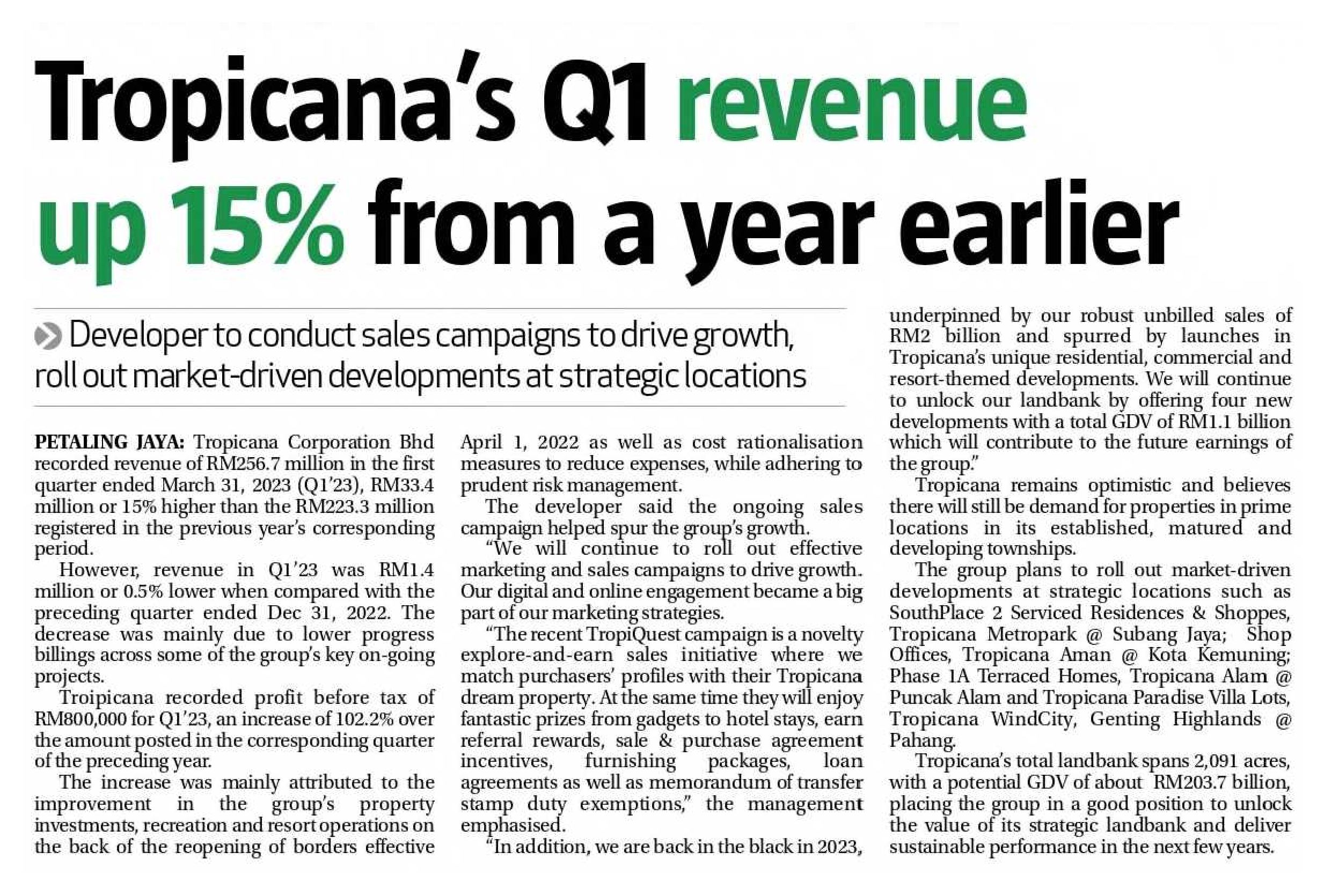 2023-06-01 The Sun - Tropicana's Q1 revenue up 15% from a year earlier