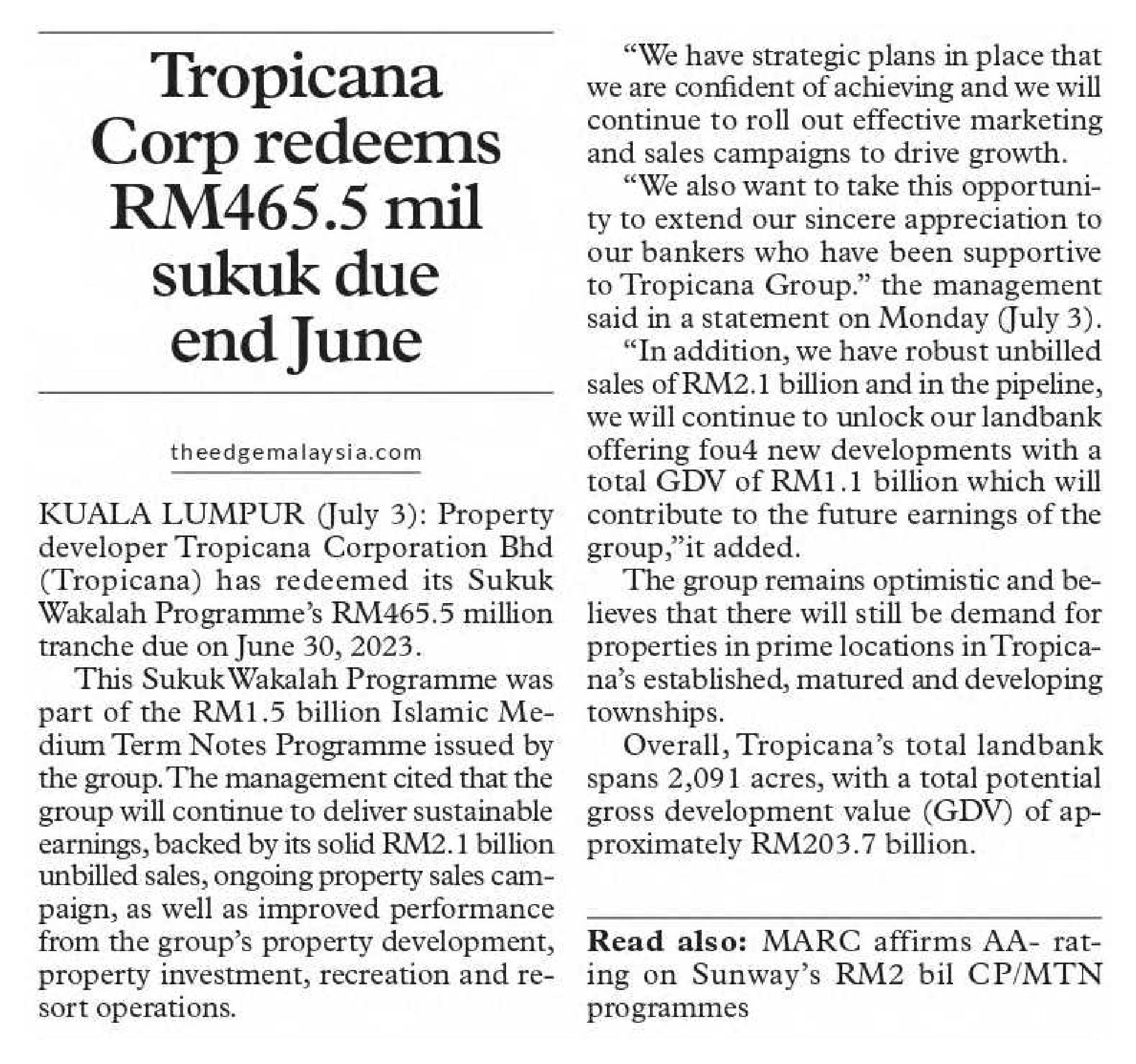 2023-07-04 The Edge CEO Morning Brief - Tropicana Corp redeems RM465.5 mil sukuk due end June