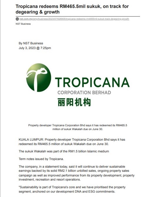 2023-07-03 New Straits Times Online - Tropicana Redeems RM465.5mil Sukuk, on Track for Degearing & Growth