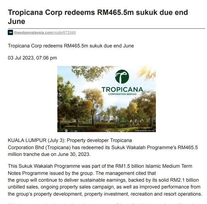 2023-07-03 The Edge Online - Tropicana Corp Redeems RM465.5m Sukuk Due End June