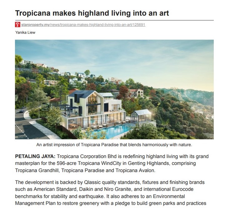 2023-07-17 Star Property Online - Tropicana Makes Highland living into an Art