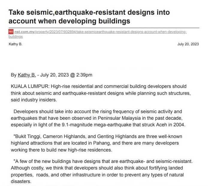 2023-07-20 NST Online – Take Seismic and Earthquake-Resistant Designs into Account When Developing Building Structures