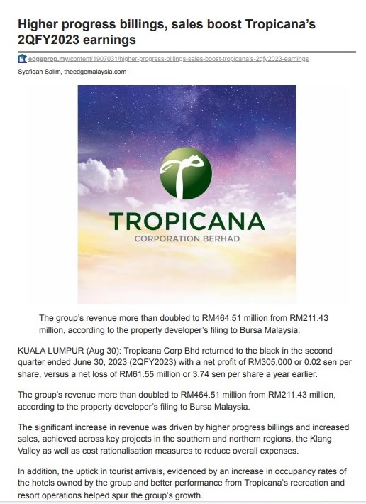 2023-08-30 EdgeProp - Higher progress billings, sales boost Tropicana’s 2QFY2023 earnings